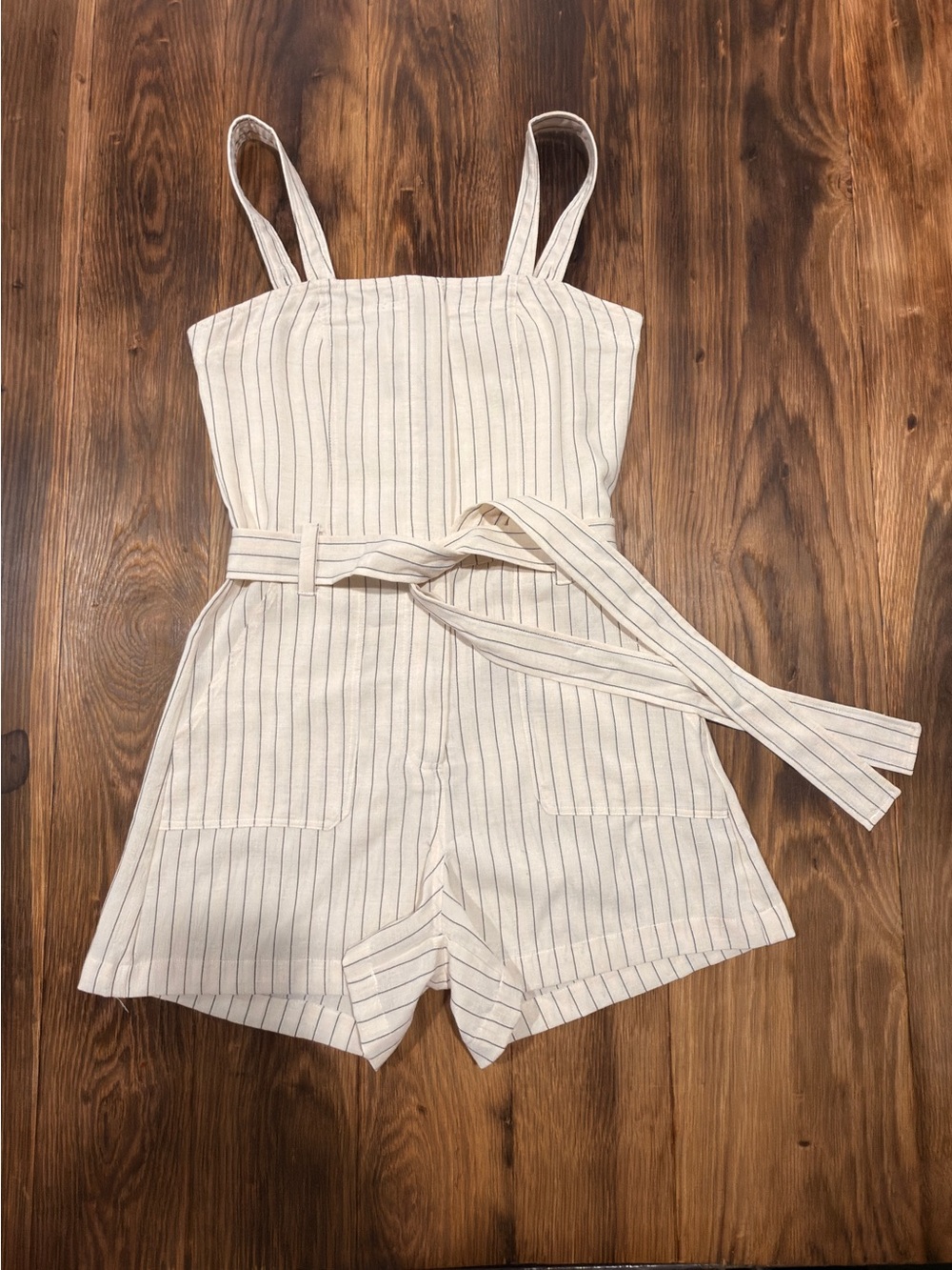 Vici Cream Pinstripe Linen-Blend Romper with Tie Waist